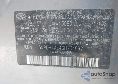 2016 Hyundai Elantra Se z USA, uszkodzony, nr VIN 5NPDH4AE4GH734892